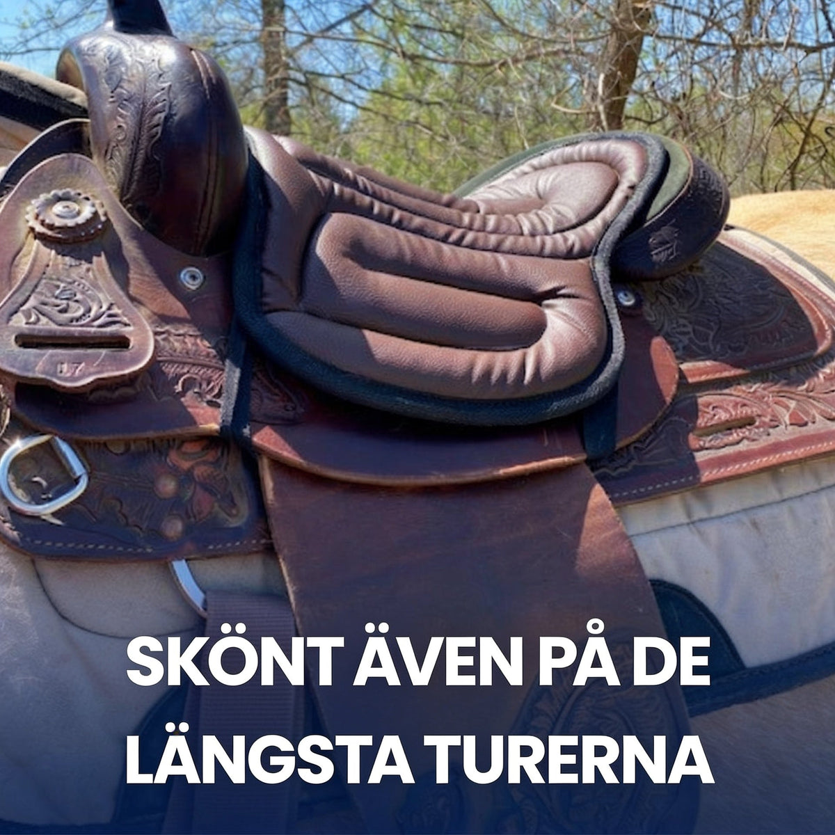 Brun vadderad kudde på en dekorerad westernsadel, fotad utomhus bland träd 3