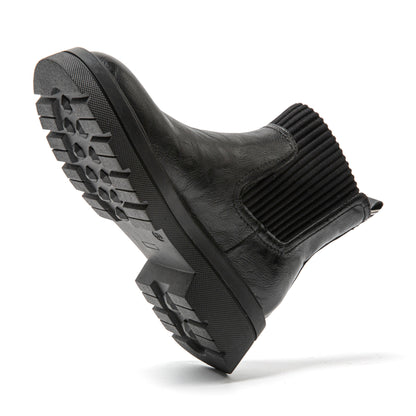 Schwarzer Chelsea Boot aus Leder mit Profilsohle, elastischen Einsätzen, Damenmode.