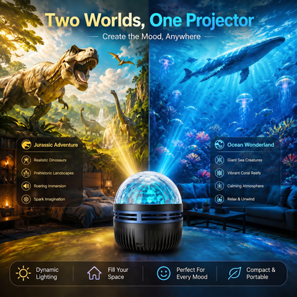 Projektorn mellan två delade scener, dinosaurievärld till vänster och havsvärld med val och maneter till höger. 5