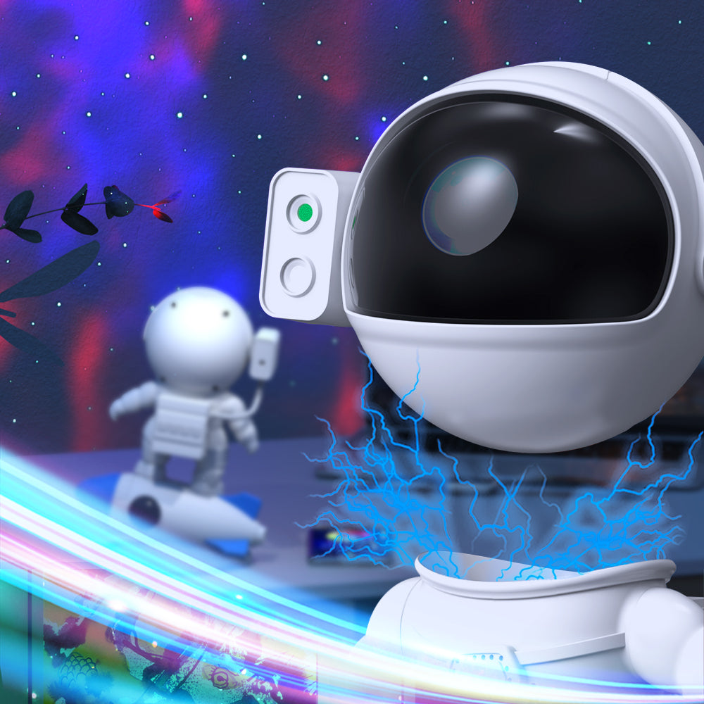 Futuristischer weißer Roboter mit Kamera, leuchtende Effekte, Weltraumhintergrund, Spielzeug.
