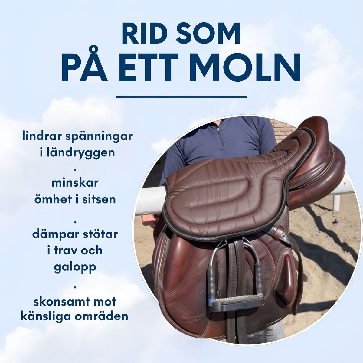 Brun vadderad kudde på ett hoppsadel hållen av en person i blå tröja 4