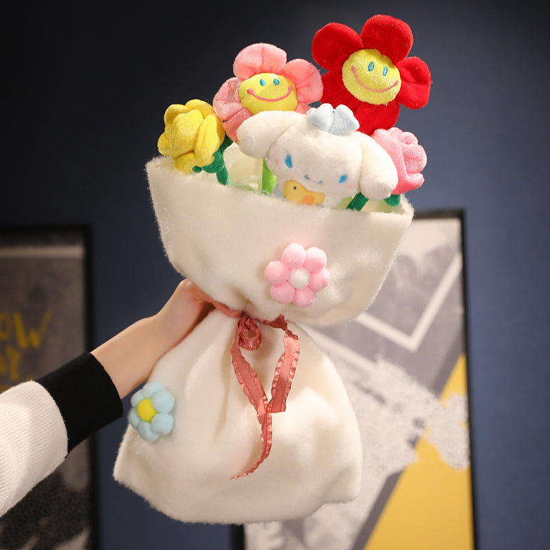 Plüschblumenstrauß mit bunten Blumen und weißem Stoffbeutel, Geschenkidee, Dekoration.