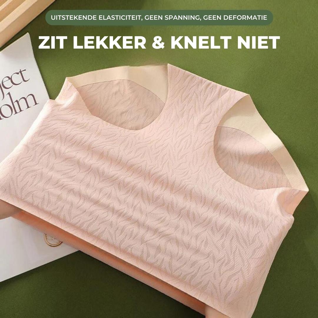 Hautfarbener nahtloser BH mit hoher Elastizität, bequem, ohne Druck oder Verformung.