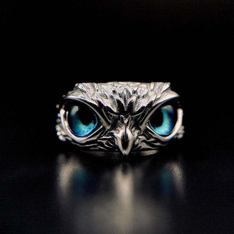 Eulenring aus Silber mit blauen Augen, Schmuck für Damen und Herren, Tiermotiv, Geschenkidee.