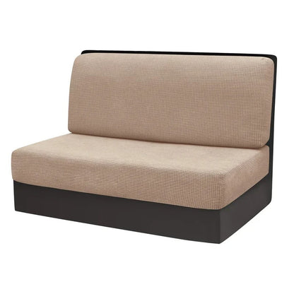 Beiges Sofa mit schwarzem Holzrahmen, modernes Design, Polstermöbel für Wohnzimmer.