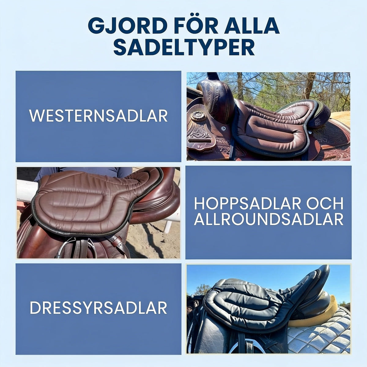 Collage som visar kudden på westernsadel, hoppsadel och dressyrsadel 6