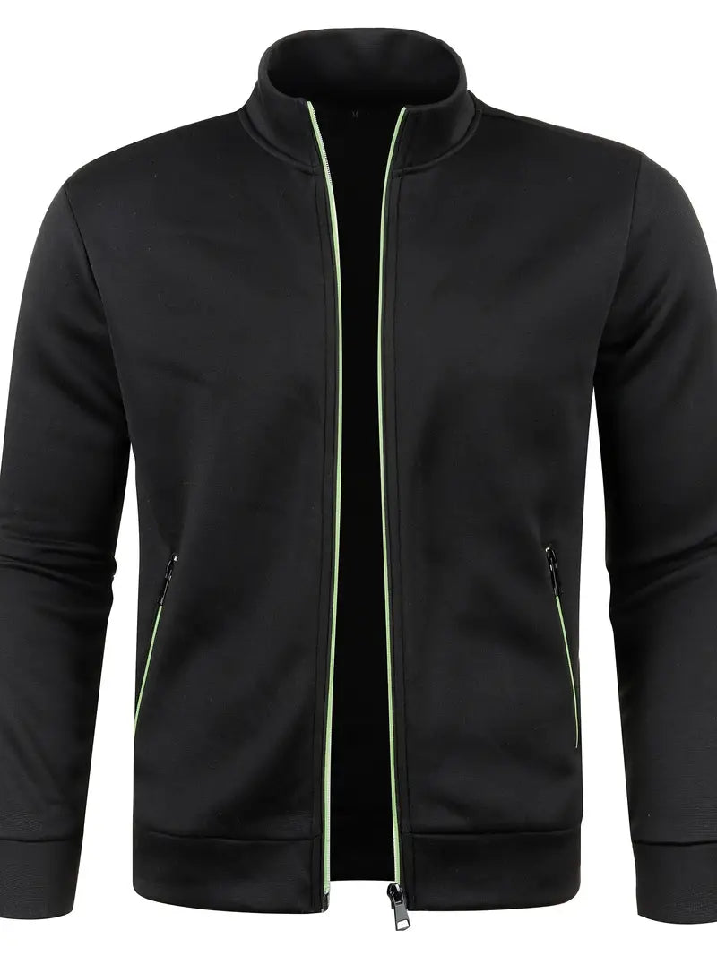 Schwarze Herrenjacke mit grünem Reißverschluss, sportlich, langärmelig, Polyester.