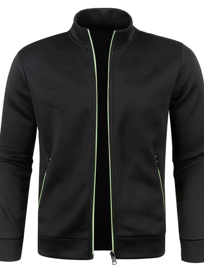 Schwarze Herrenjacke mit grünem Reißverschluss, sportlich, langärmelig, Polyester.