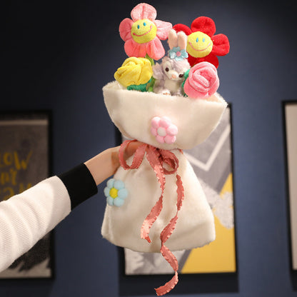 Plüschstrauß mit bunten Blumen und Hase, Geschenkidee, Dekoration, weicher Stoff, Handarbeit