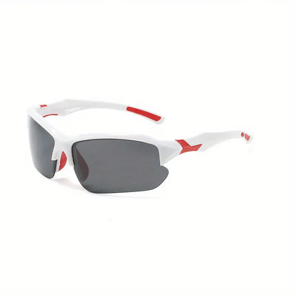 Weiße Sportsonnenbrille mit roten Akzenten, polarisierten Gläsern, UV-Schutz, Unisex-Design.
