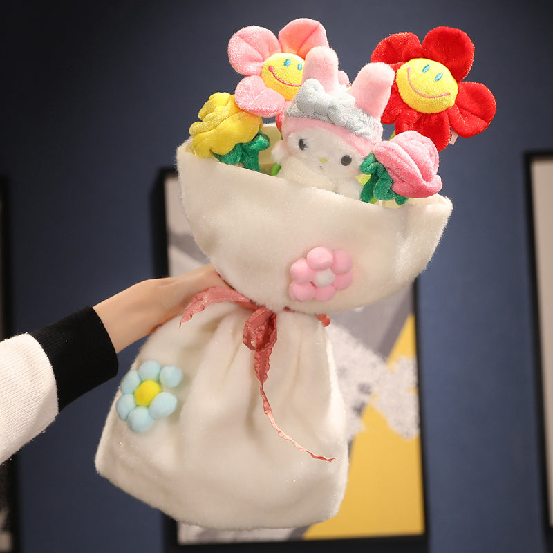 Plüschstrauß mit bunten Blumen und Häschen, Geschenkidee, Dekoration, weicher Stoff, Handgemacht.