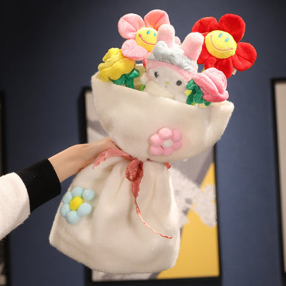 Plüschstrauß mit bunten Blumen und Häschen, Geschenkidee, Dekoration, weicher Stoff, Handgemacht.