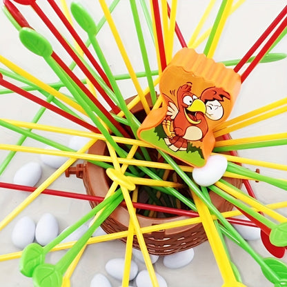 Brettspiel mit bunten Stäben, Körbchen und Eiern, Kinderspielzeug, Geschicklichkeitsspiel.