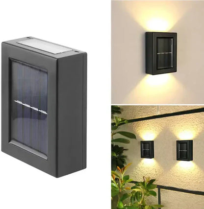 Schwarze Solar-Wandleuchte für Außenbereich, energiesparend, modernes Design, LED-Beleuchtung.