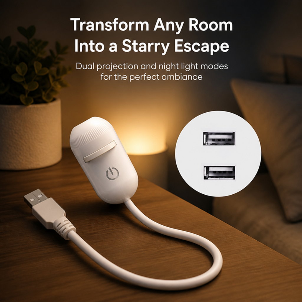 Vit kapselformad projektor med strömknapp och USB-sladd på ett träbord, med en närbild av två USB-portar och en varm lampa i bakgrunden. 1