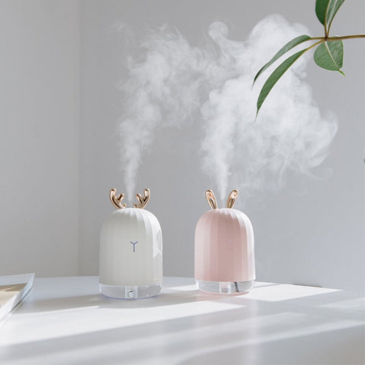 Tragbarer Luftbefeuchter USB, weiß und rosa, mit Nachtlicht, leise, Tischgerät.