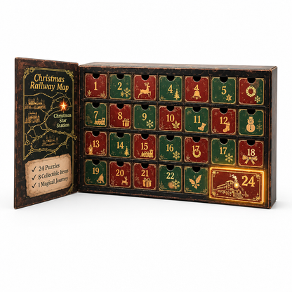 Uppfälld adventskalender med 24 små röda och gröna luckor med guldsymboler och ett upplyst tågmotiv på lucka 24, kartan på det öppna locket. 1