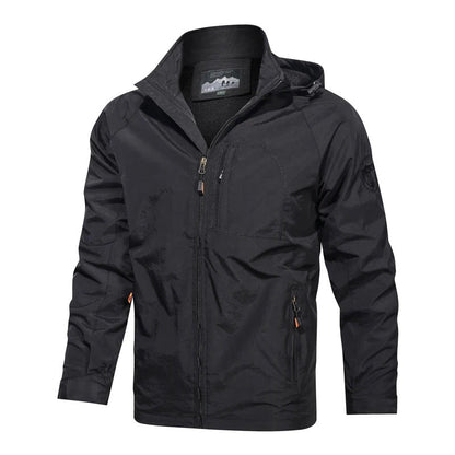 Schwarze Herren-Windjacke mit Kapuze, Reißverschluss, wasserabweisend, Outdoor-Bekleidung.