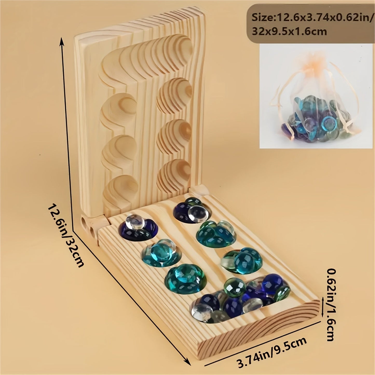Holz-Murmelspiel, faltbar, mit bunten Glasmurmeln, 32x9,5x1,6cm, Lernspielzeug für Kinder.