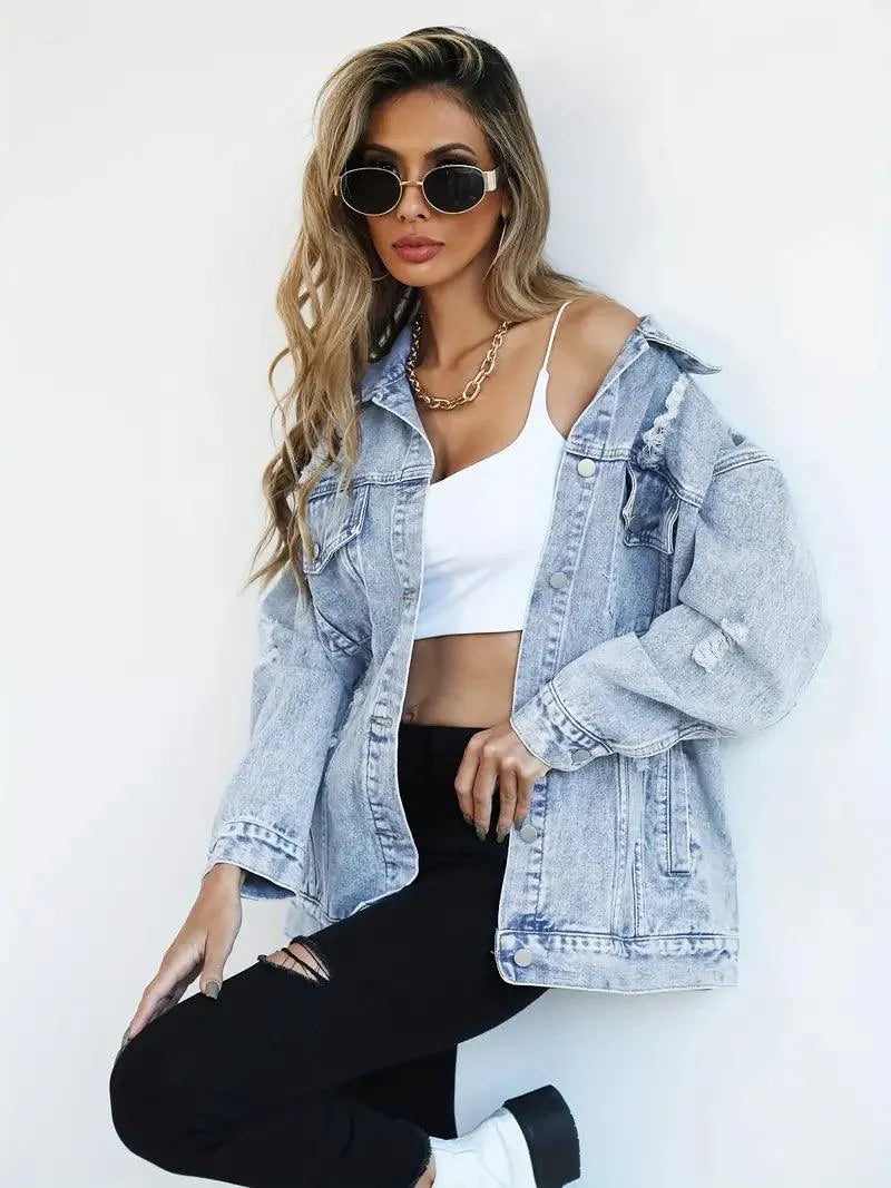 Vattentålig & Fodrad Oversized Dam Jeansjacka med Huva – Höstunderverk Talia