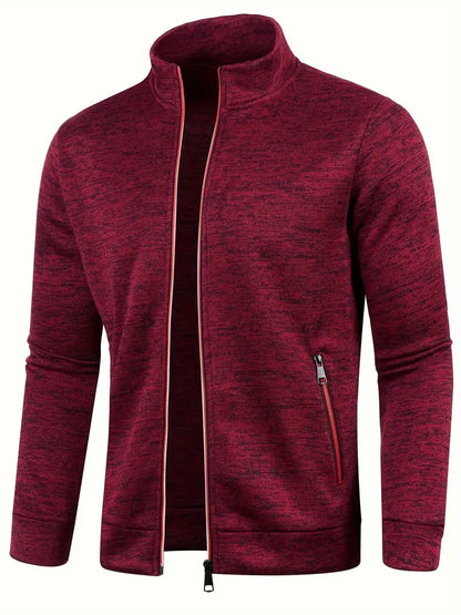 Rote Herren-Strickjacke mit Reißverschluss, Stehkragen, langärmelig, Freizeitmode.