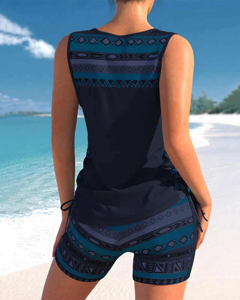 Trendig badmode med V-ringning och geometriskt mönster – Tankini-set Madonna