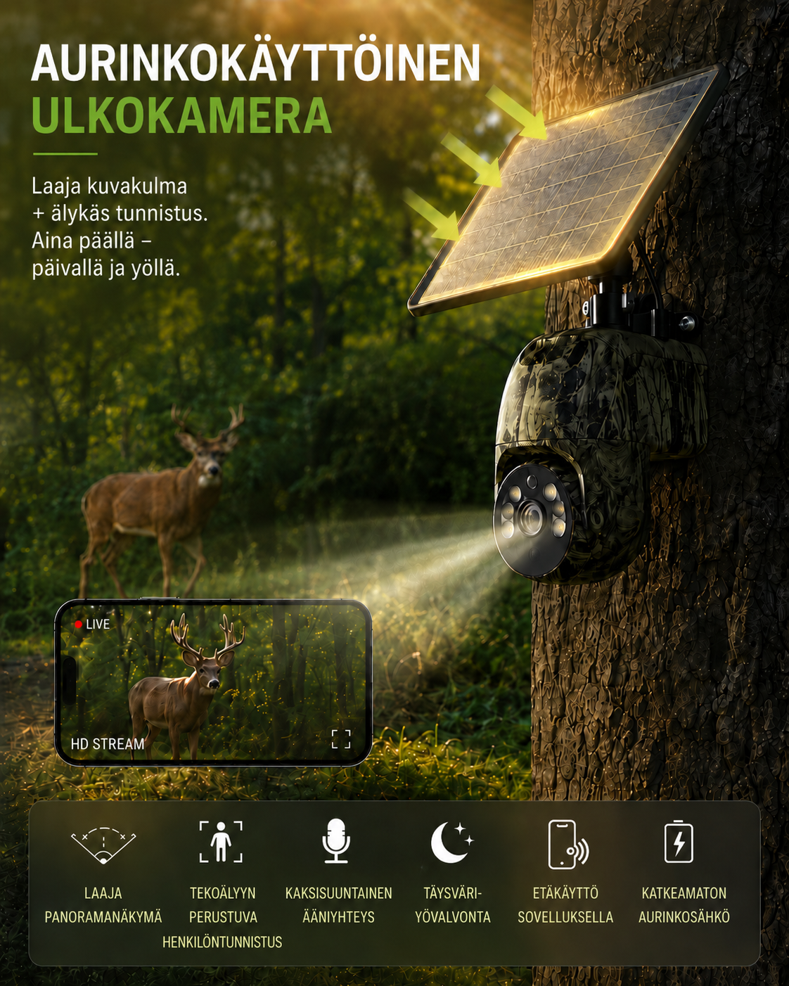 Kameran monterad på en trädstam i skogen med solpanelen mot solen, en hjort i bakgrunden och livebild på en mobil. 2