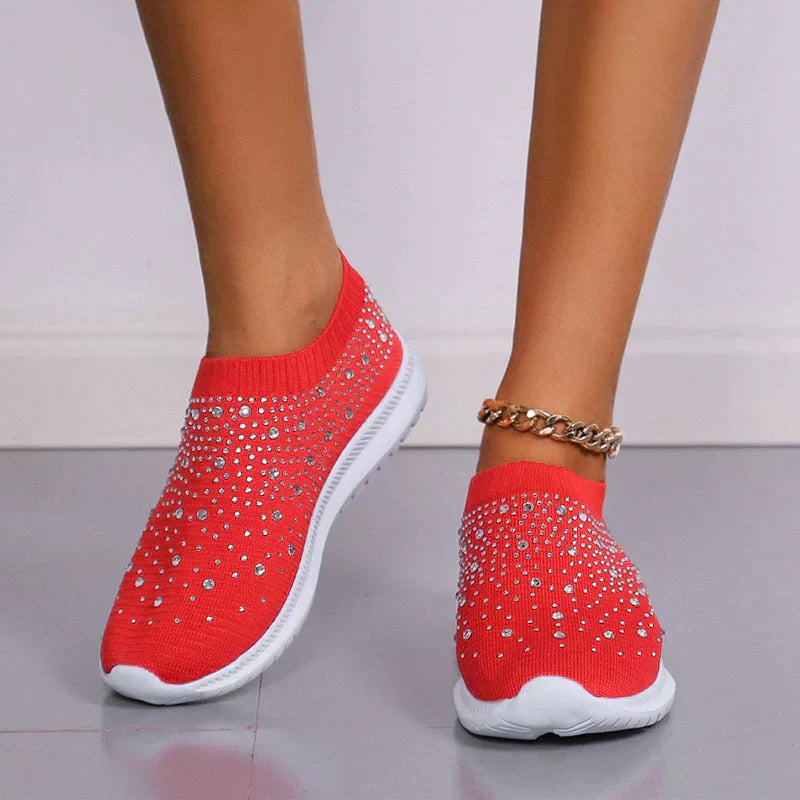 Rote Damen-Sneaker mit Strasssteinen, atmungsaktiv, rutschfest, modisch, bequem.