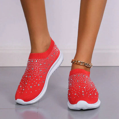 Rote Damen-Sneaker mit Strasssteinen, atmungsaktiv, rutschfest, modisch, bequem.