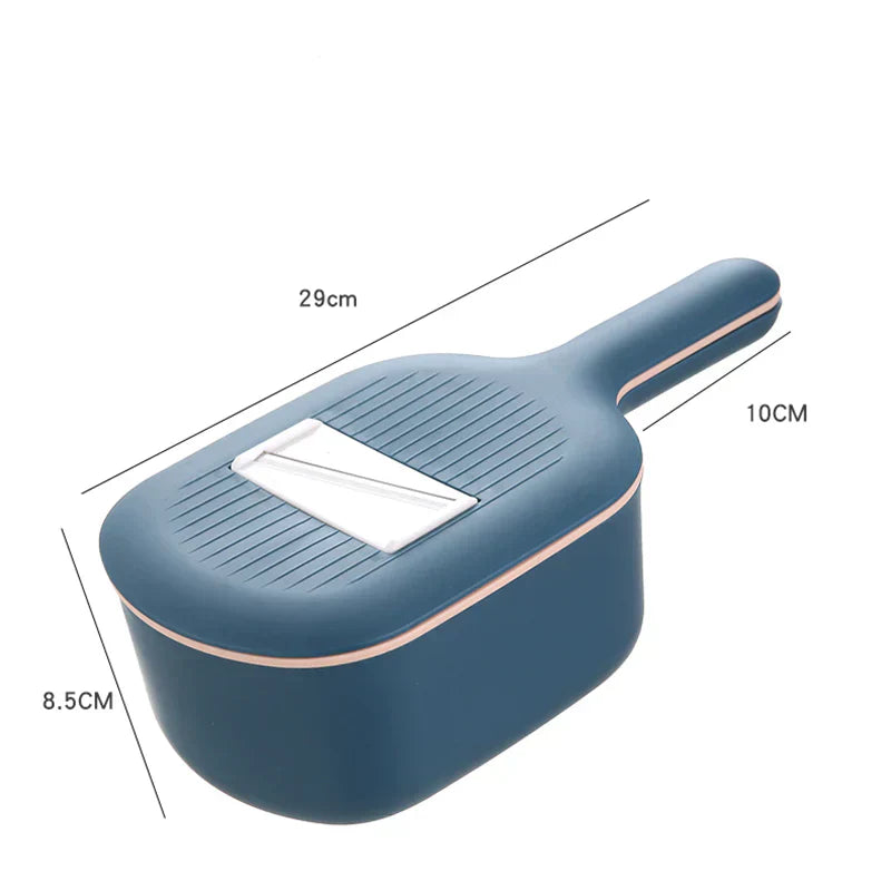 Blaue Mandoline Gemüseschneider mit Sieb, multifunktional, 29cm, Küche, Kunststoff.
