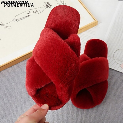 Rote Damen-Winterhausschuhe, flauschig, überkreuzt, Plüsch, Indoor-Slipper.