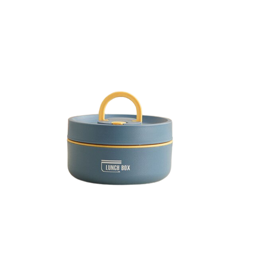 Blaue Bento-Lunchbox aus Edelstahl, tragbar, mit gelbem Griff, japanischer Stil.