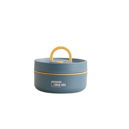 Blaue Bento-Lunchbox aus Edelstahl, tragbar, mit gelbem Griff, japanischer Stil.
