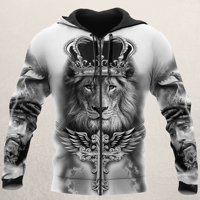 Weißer Hoodie mit Löwenmotiv, Krone und Flügeln, Herrenmode, Streetwear, Baumwolle.