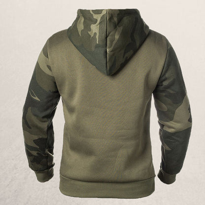 Grüne Camouflage-Kapuzenjacke, Herren, langärmelig, Baumwolle, Rückansicht.
