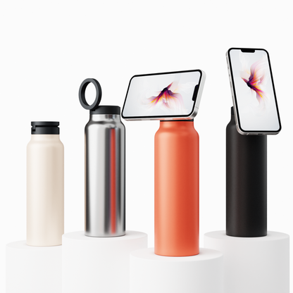 Vier Trinkflaschen mit Smartphone-Halterung, Edelstahl, orange, schwarz, weiß, modern.