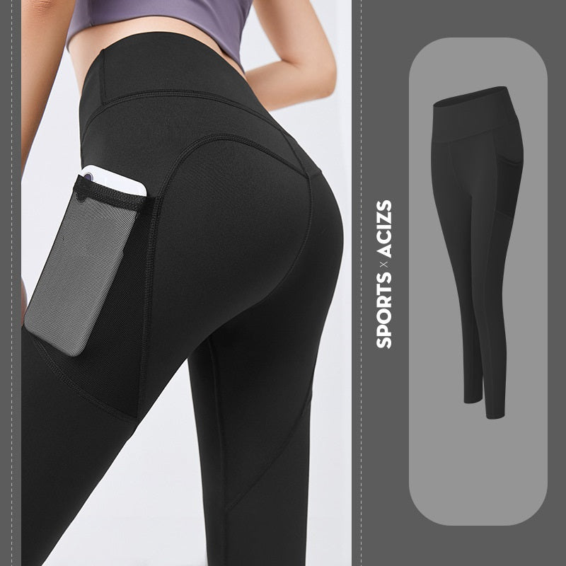 Schwarze Sportleggings mit Handytasche, Damen, elastisch, atmungsaktiv, Fitnessbekleidung.