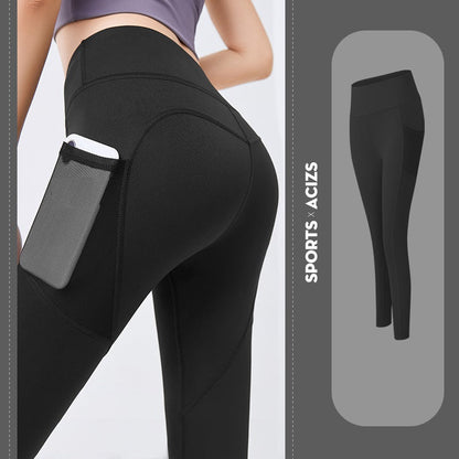 Schwarze Sportleggings mit Handytasche, Damen, elastisch, atmungsaktiv, Fitnessbekleidung.