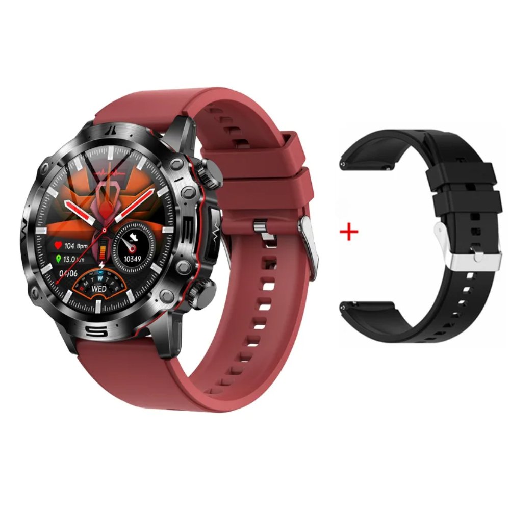 Rote Smartwatch mit rundem Zifferblatt und zusätzlichem schwarzem Armband, Fitness-Tracker.