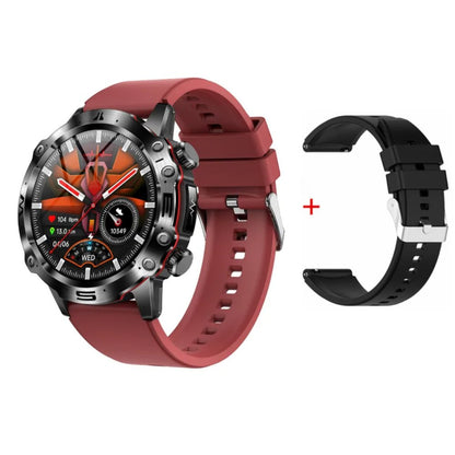 Rote Smartwatch mit rundem Zifferblatt und zusätzlichem schwarzem Armband, Fitness-Tracker.