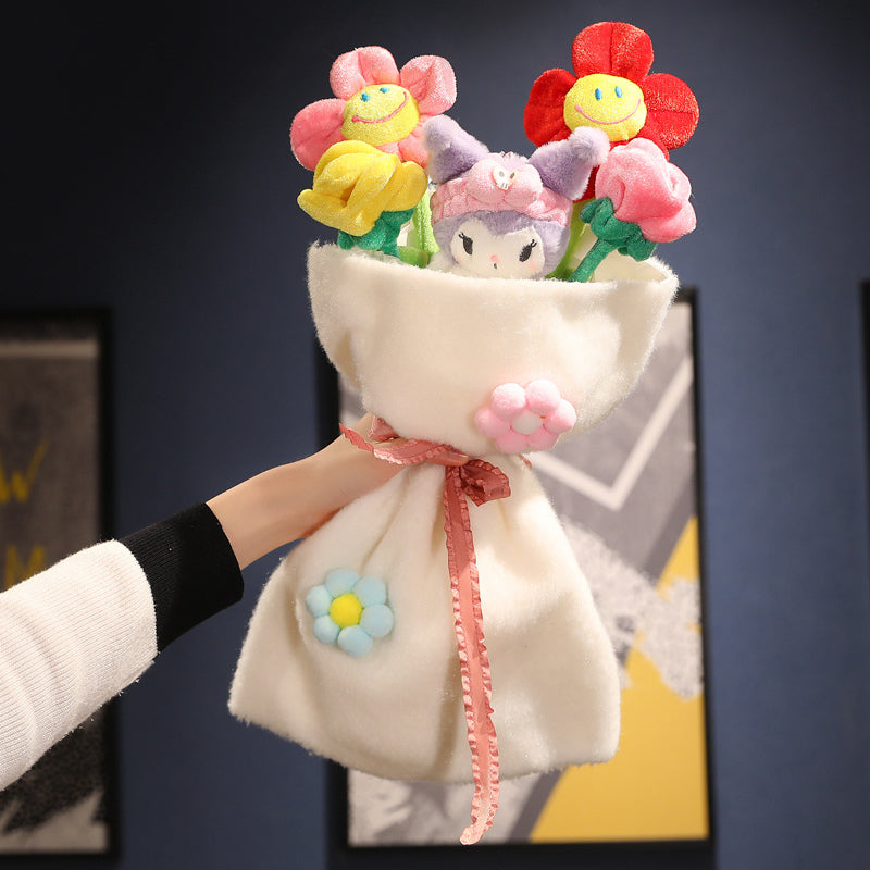 Plüschblumenstrauß mit bunten Blumen, lächelnde Gesichter, weißer Stoffbeutel, Geschenkidee.