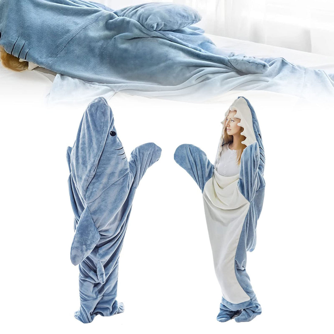 Flauschiger blauer Haifisch-Schlafsack für Kinder, weiches Plüschmaterial, gemütlich und warm.
