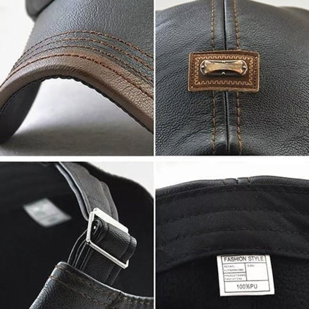 Schwarze Lederkappe mit verstellbarem Riemen, braunen Nähten, modischem Design, 100% PU.