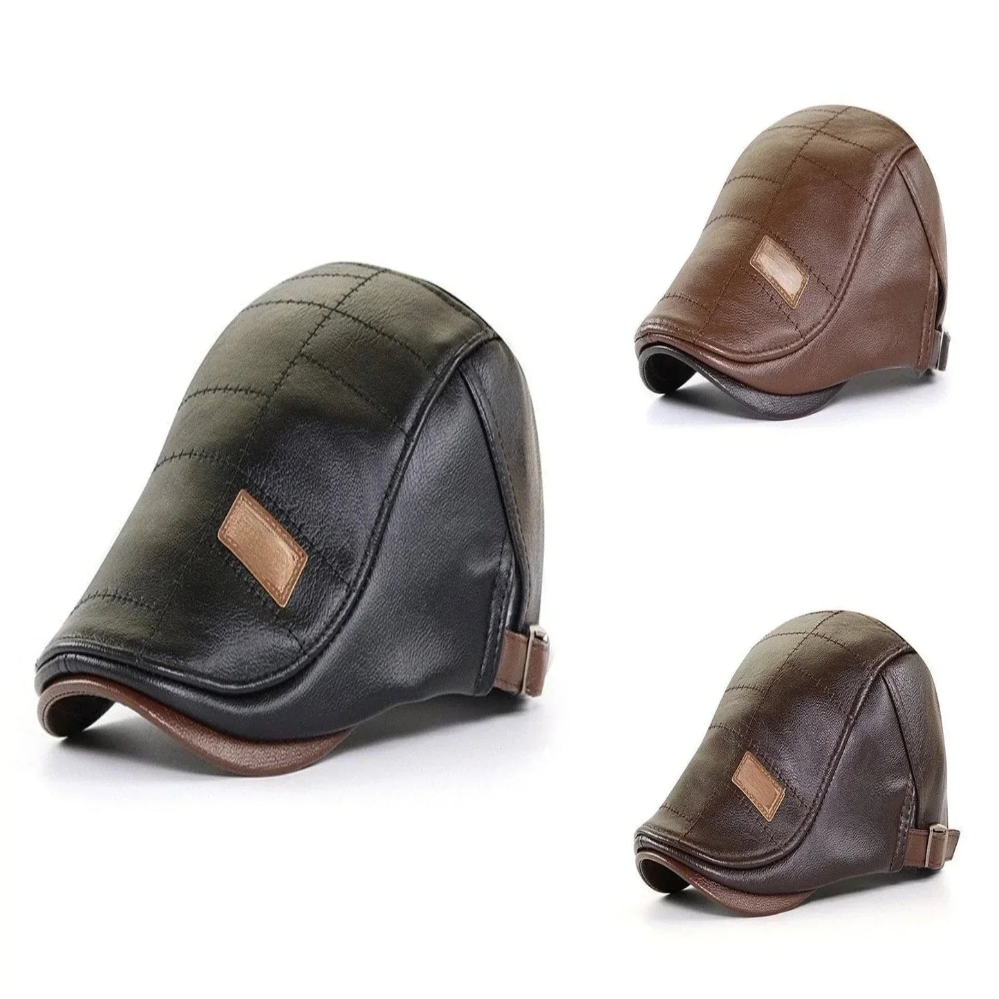 Dreifarbige Schiebermütze aus Leder, Herrenmode, stilvoll, elegant, Accessoire, Kopfbedeckung.