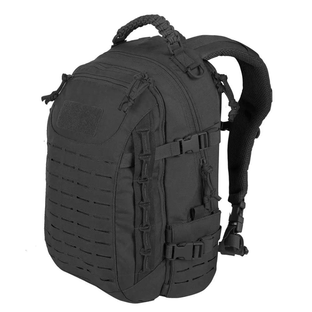 Schwarzer taktischer Rucksack, robustes Design, MOLLE-System, Outdoor-Abenteuer, 30L Kapazität.