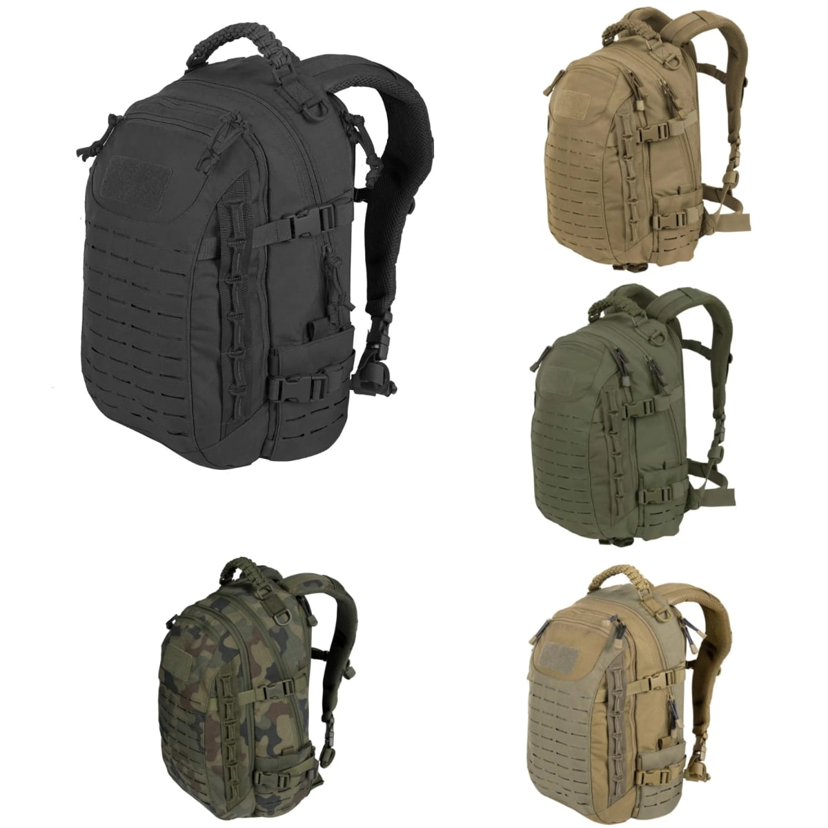 Fünf taktische Rucksäcke in Schwarz, Khaki, Olivgrün, Tarnmuster und Sandfarben.