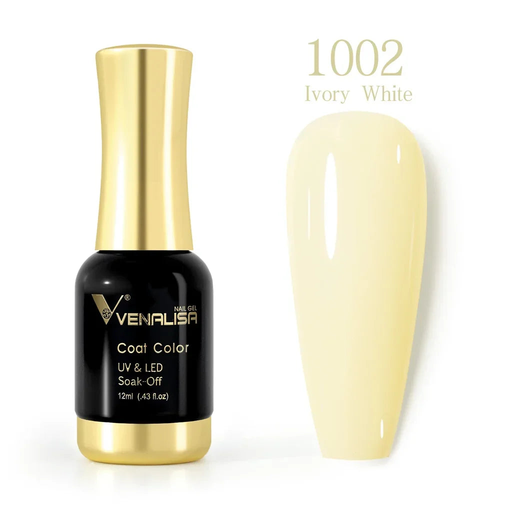 Venalisa Nagellack 1002 Elfenbeinweiß, UV & LED, 12ml, Soak-Off, Flasche und Farbmuster.