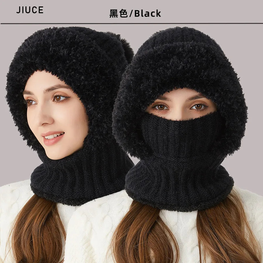 Schwarze Strickmütze mit Schal, Damen Wintermode, warm, flauschig, vielseitig einsetzbar.