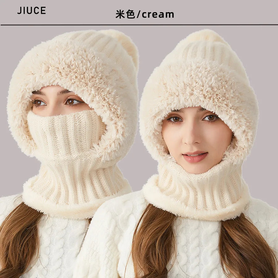 Damen Wintermütze mit Schal, cremefarben, flauschig, warm, Strick, modisch, JIUCE.