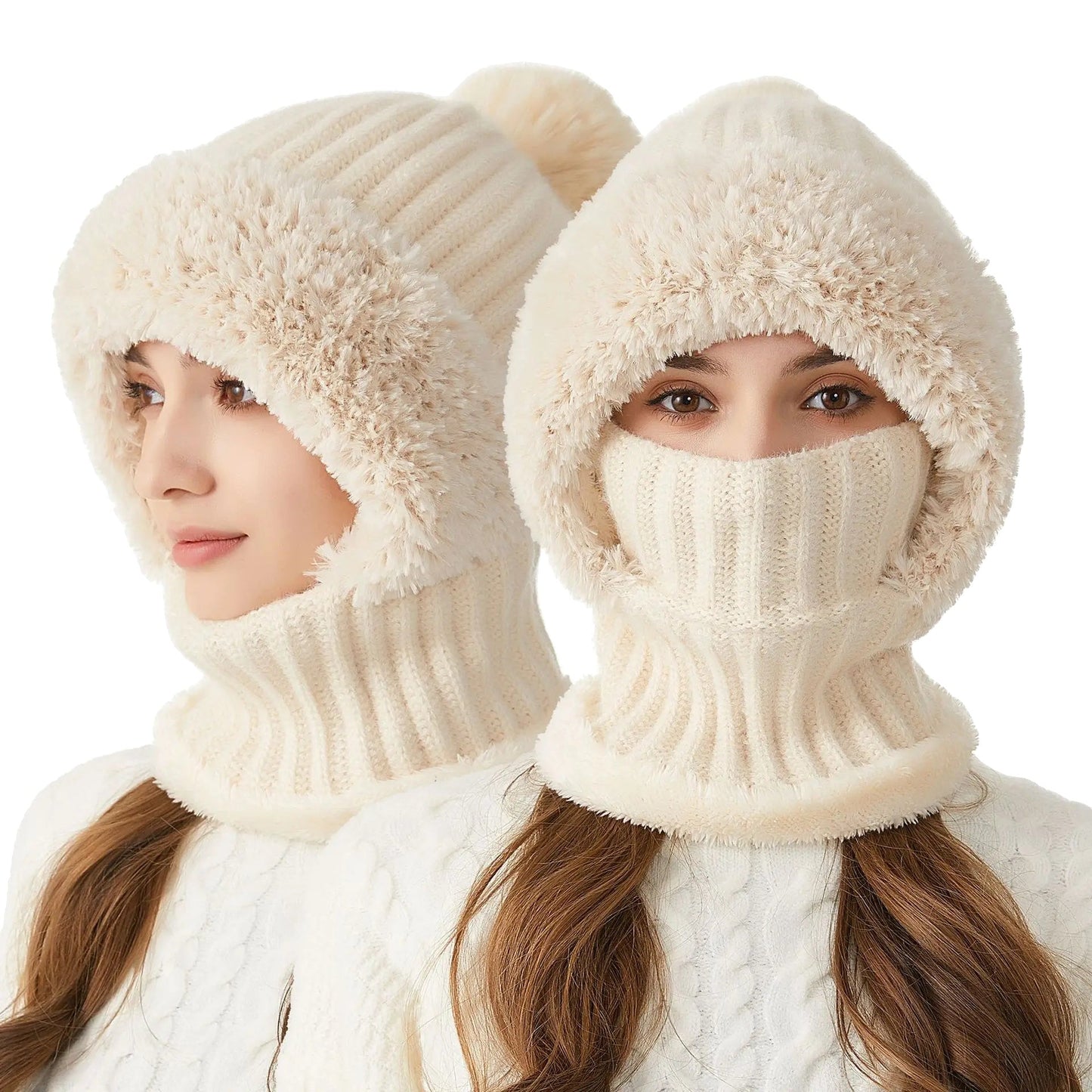 Damen Wintermütze mit Schal, cremeweiß, Strick, warm, modisch, für kaltes Wetter.